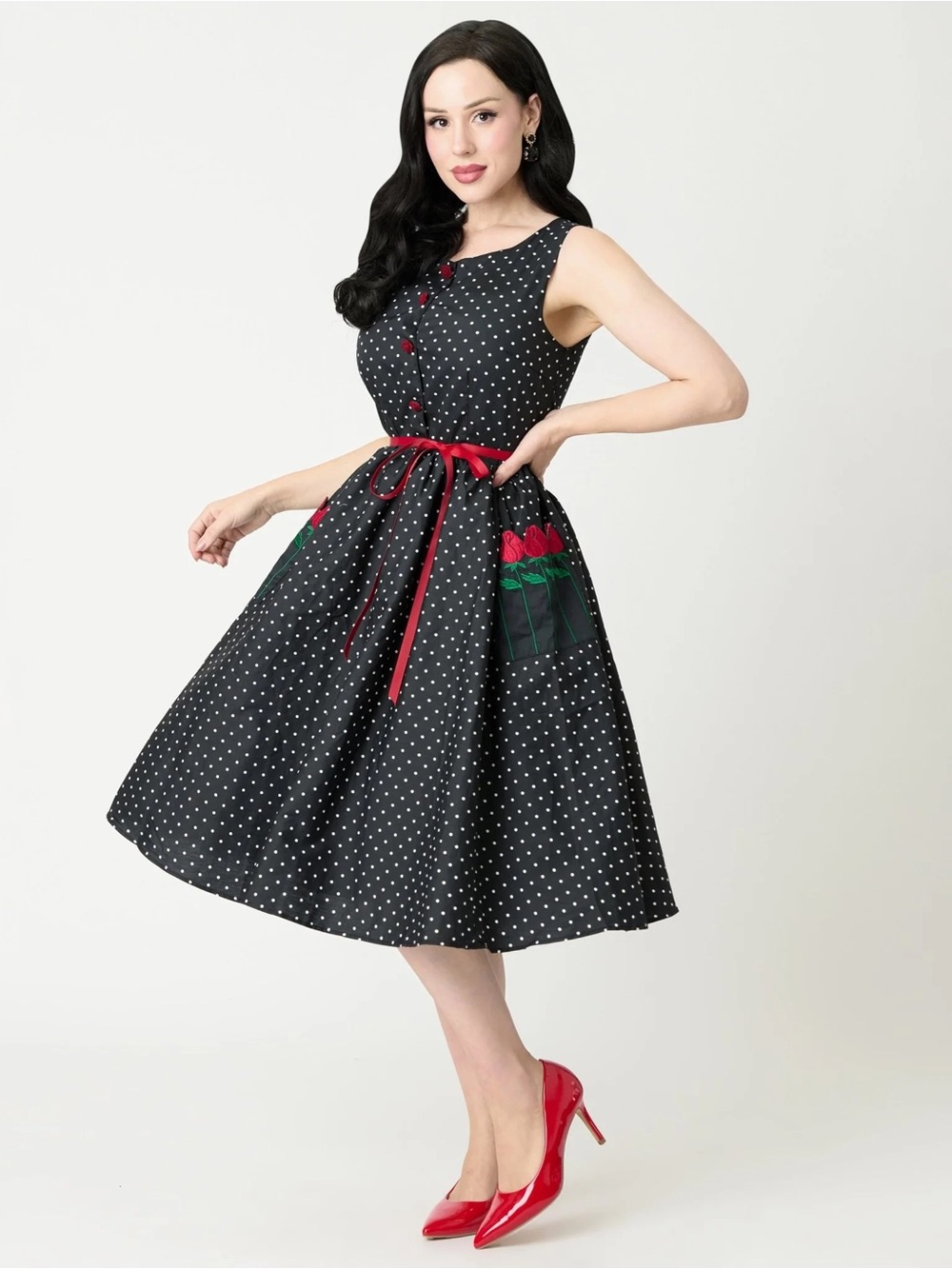 Unique Vintage Black Polka Dot Fit-and-Flare Dress with Red Accents